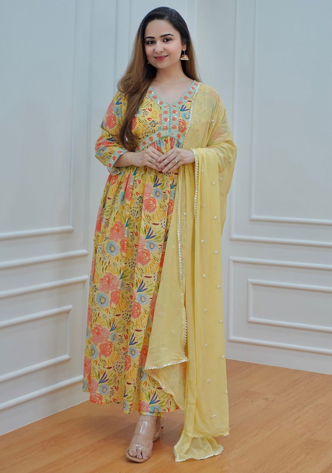 Yellow Floral Alia Cut Kurti With Bottom Dupatta Catalog